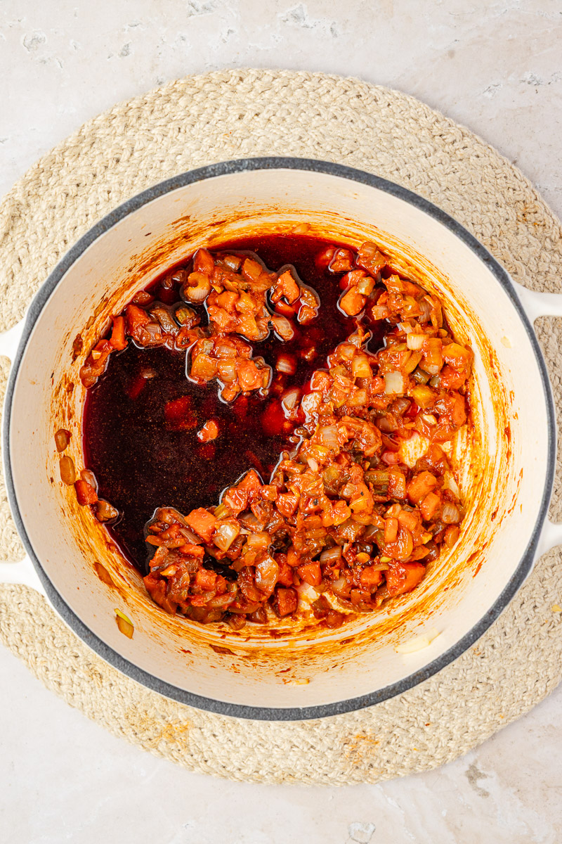 Wine added to the pot of veggies.