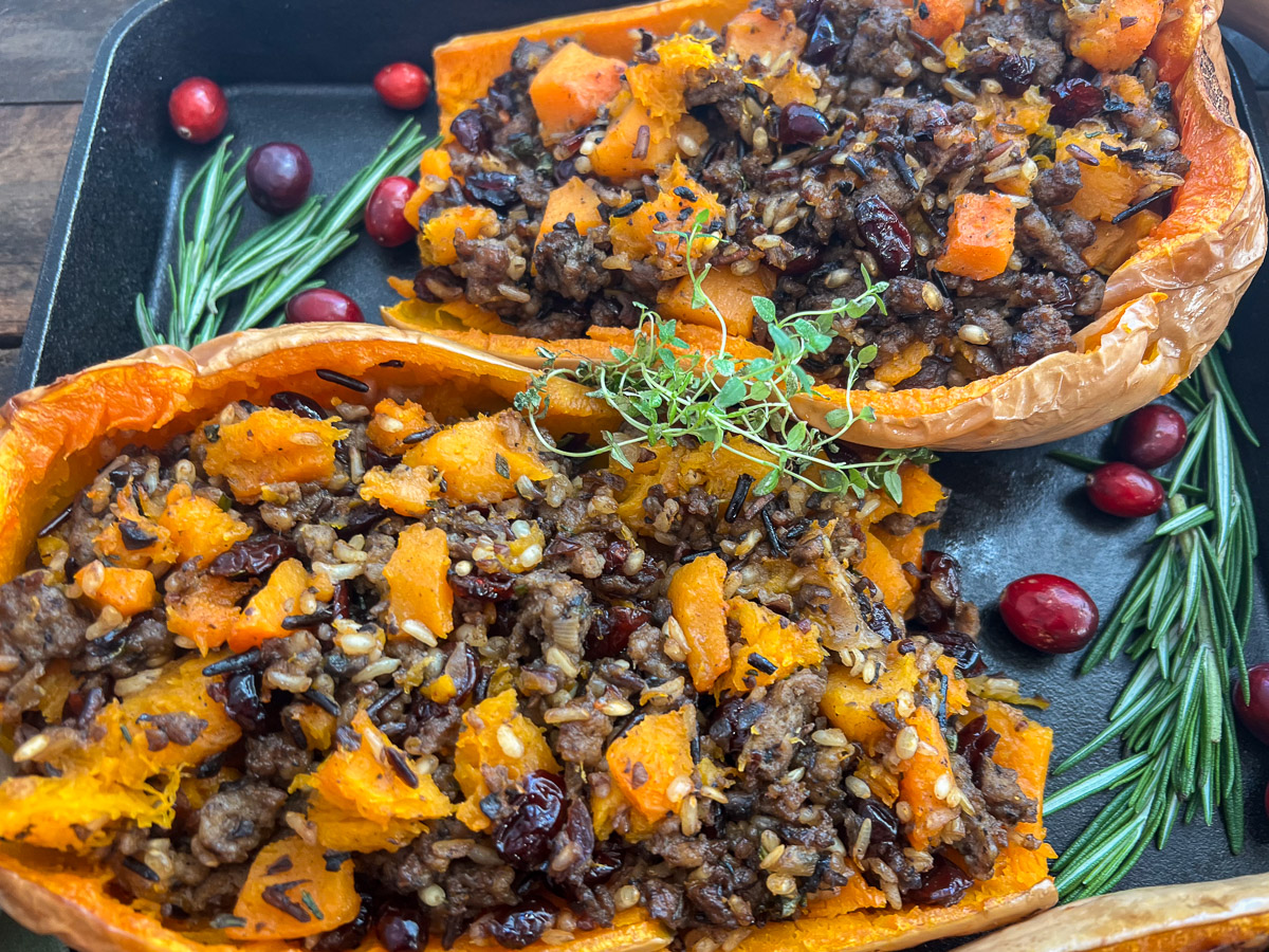 Now cooked and garnished Sausage Stuffed Butternut Squash.