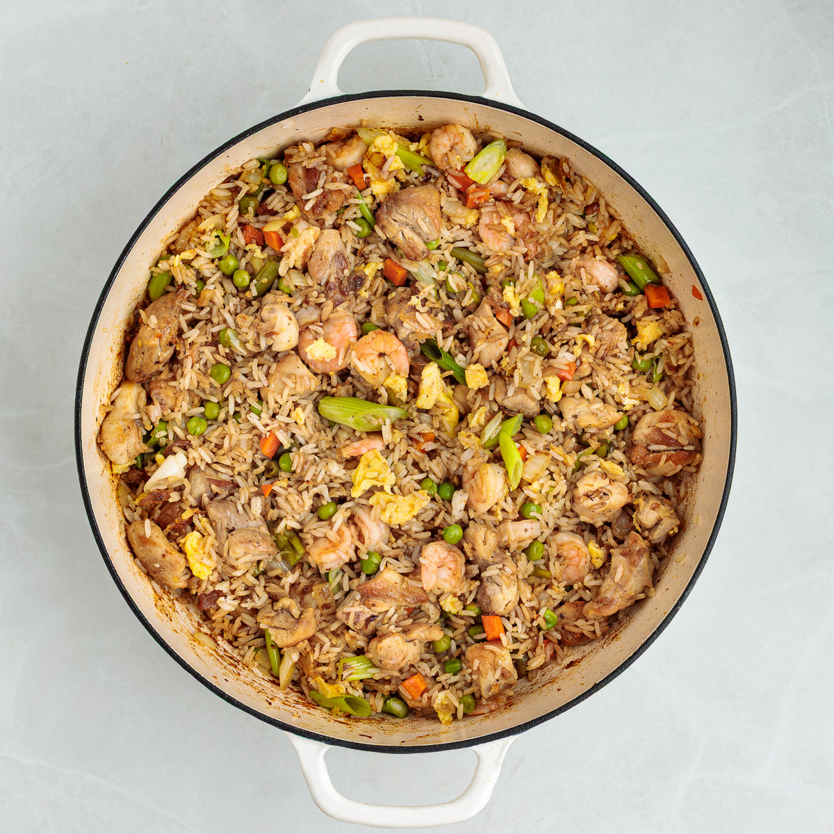 Fried rice in a large Dutch oven.