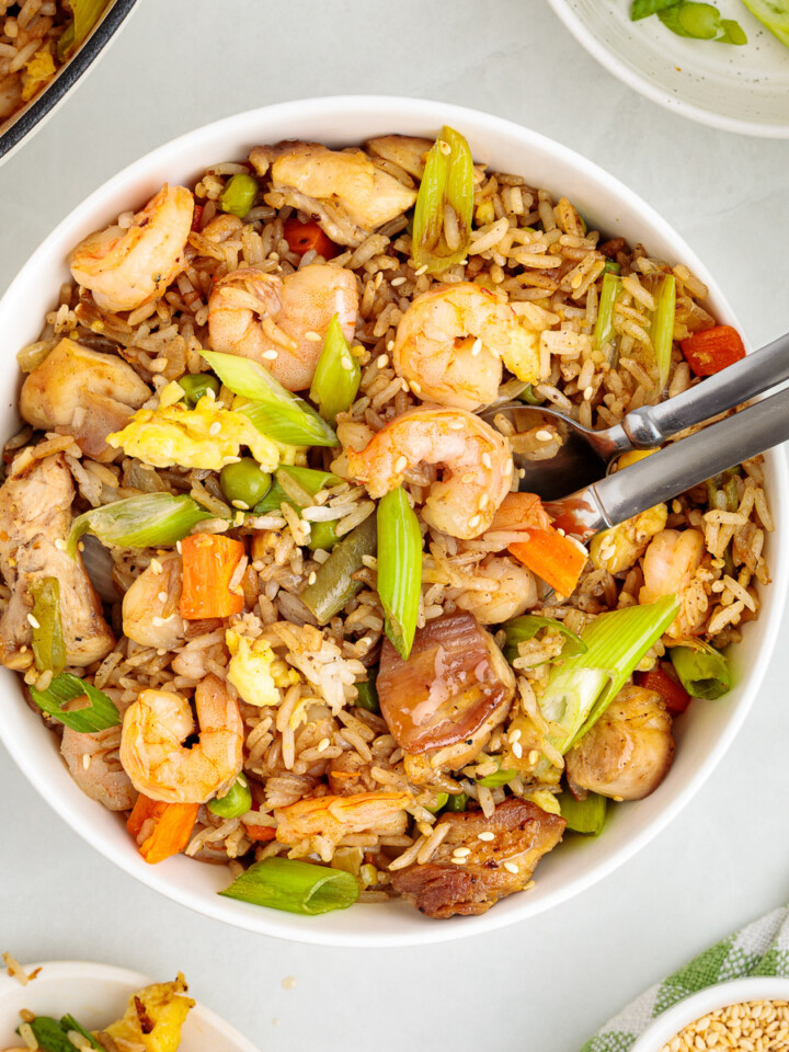 Chicken and shrimp fried rice in a bowl.
