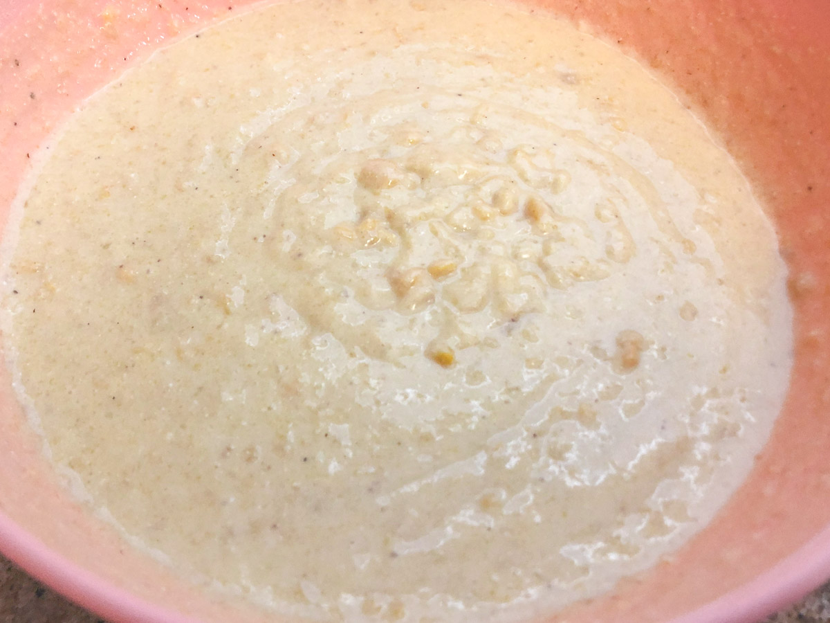 Dry ingredients added to the wet and mixed together.