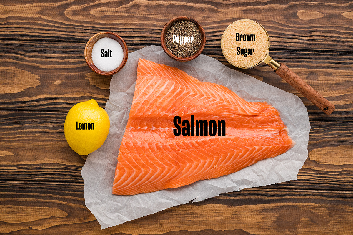 Ingredients to make this smoked salmon on a table.