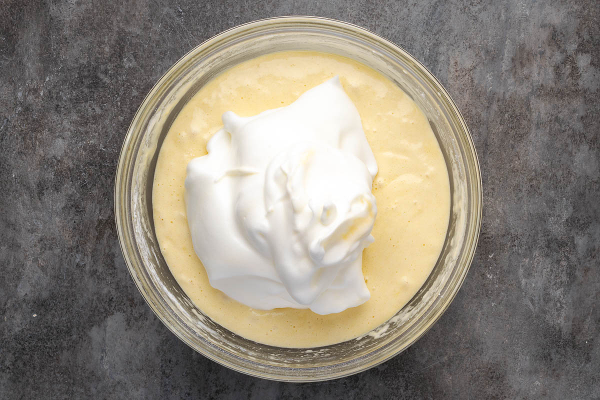 Egg whites added to the mixed wet ingredients.