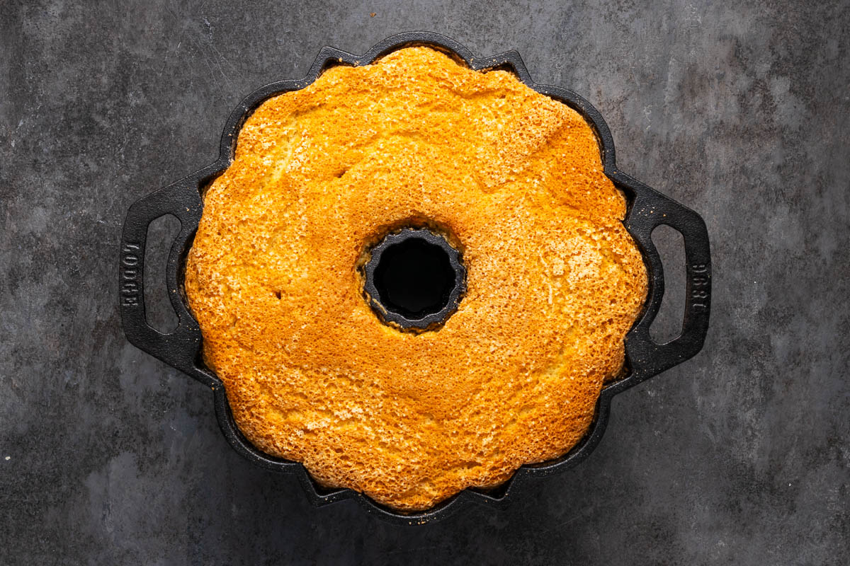 Angel food cake baked in a pan.