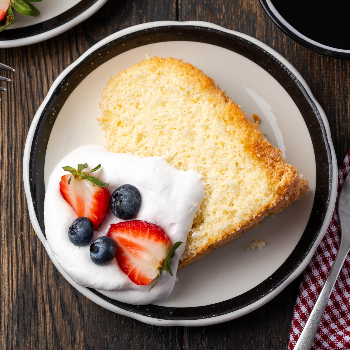 A slice of angel food cake on a plate.