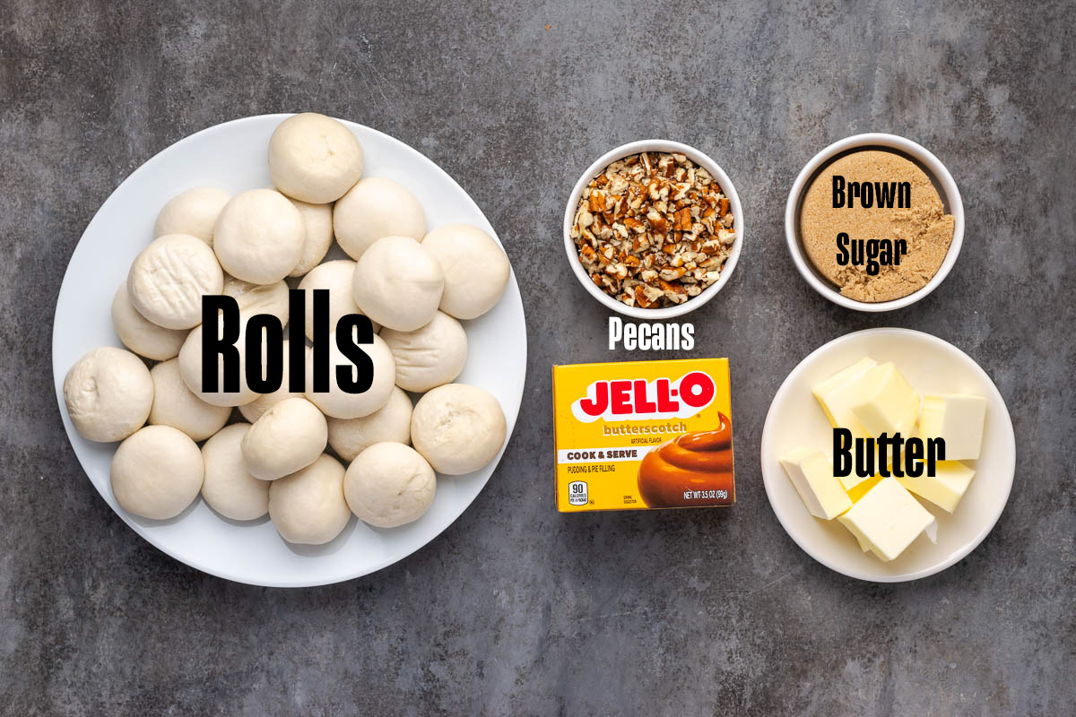 Ingredients to make this monkey bread with butterscotch pudding on a table.