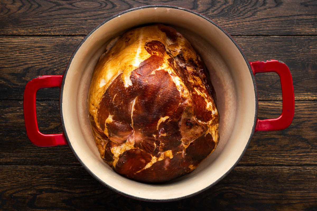 Ham placed in a dutch oven.