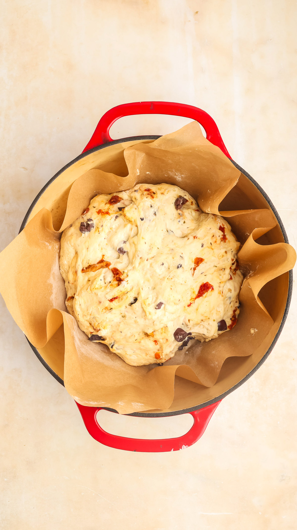 Shaped bread dough in a Dutch Oven.