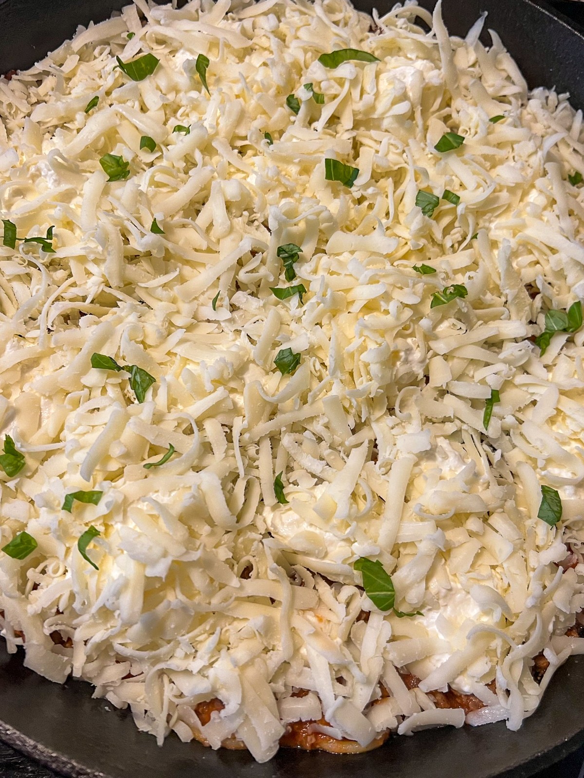 Mozzarella and more fresh basil sprinkled over the ricotta layer.