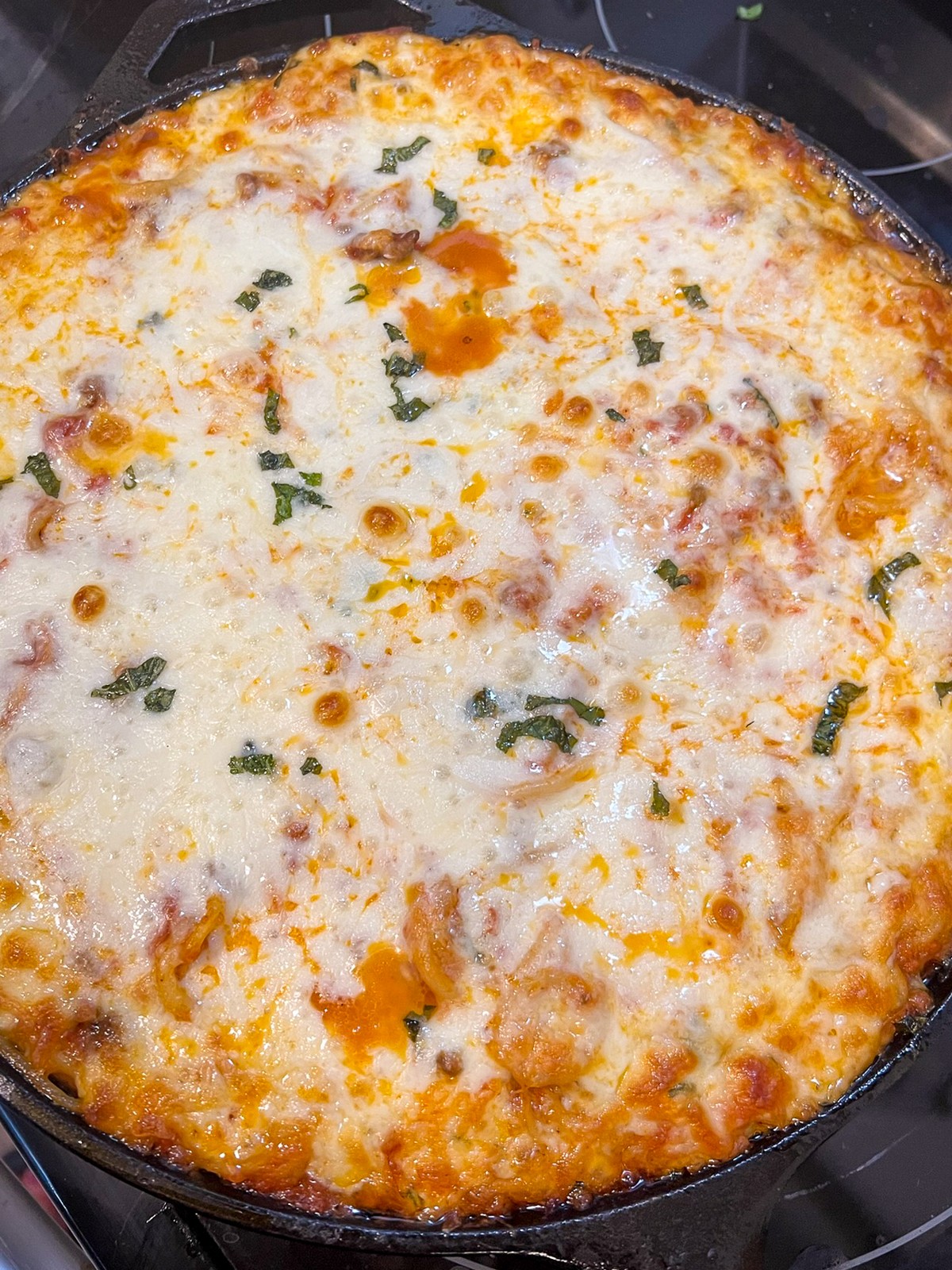 Freshly baked pasta out of the oven and resting before serving.