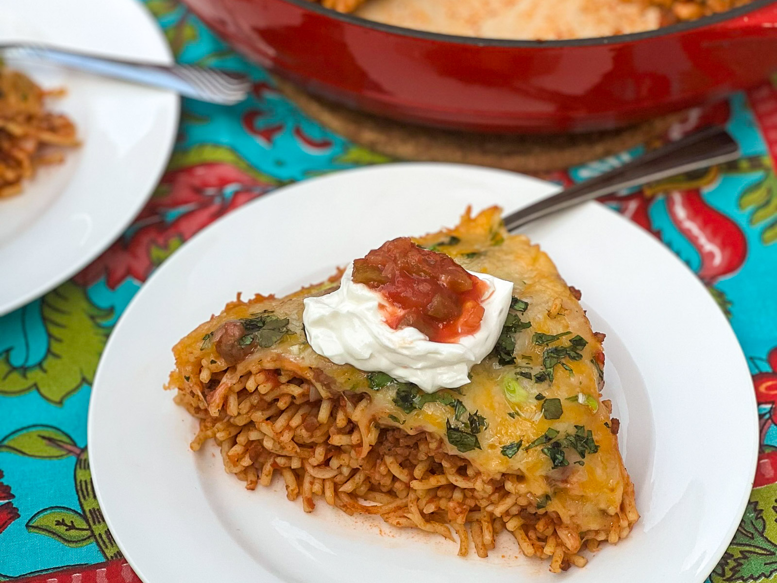 Finished Baked Mexican Spaghetti hot from the oven.