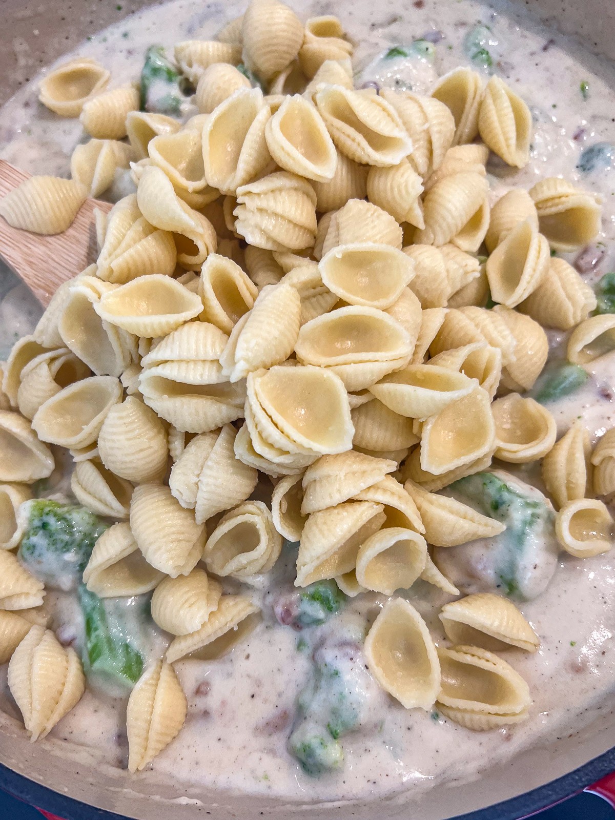 Cooked shell pasta being stirred into the cheese sauce with broccoli and bacon.