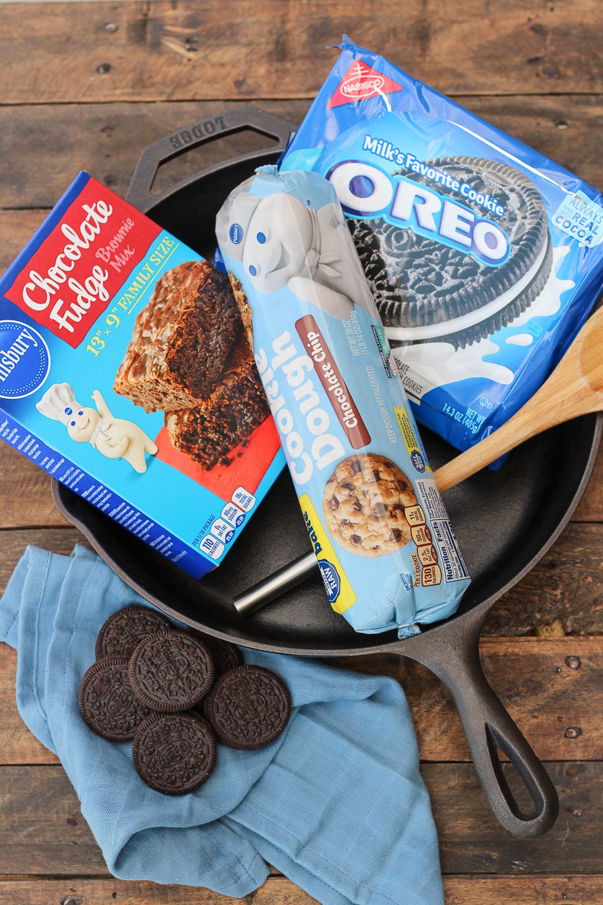 Nestle cookie dough in bare metal cast iron skillet.