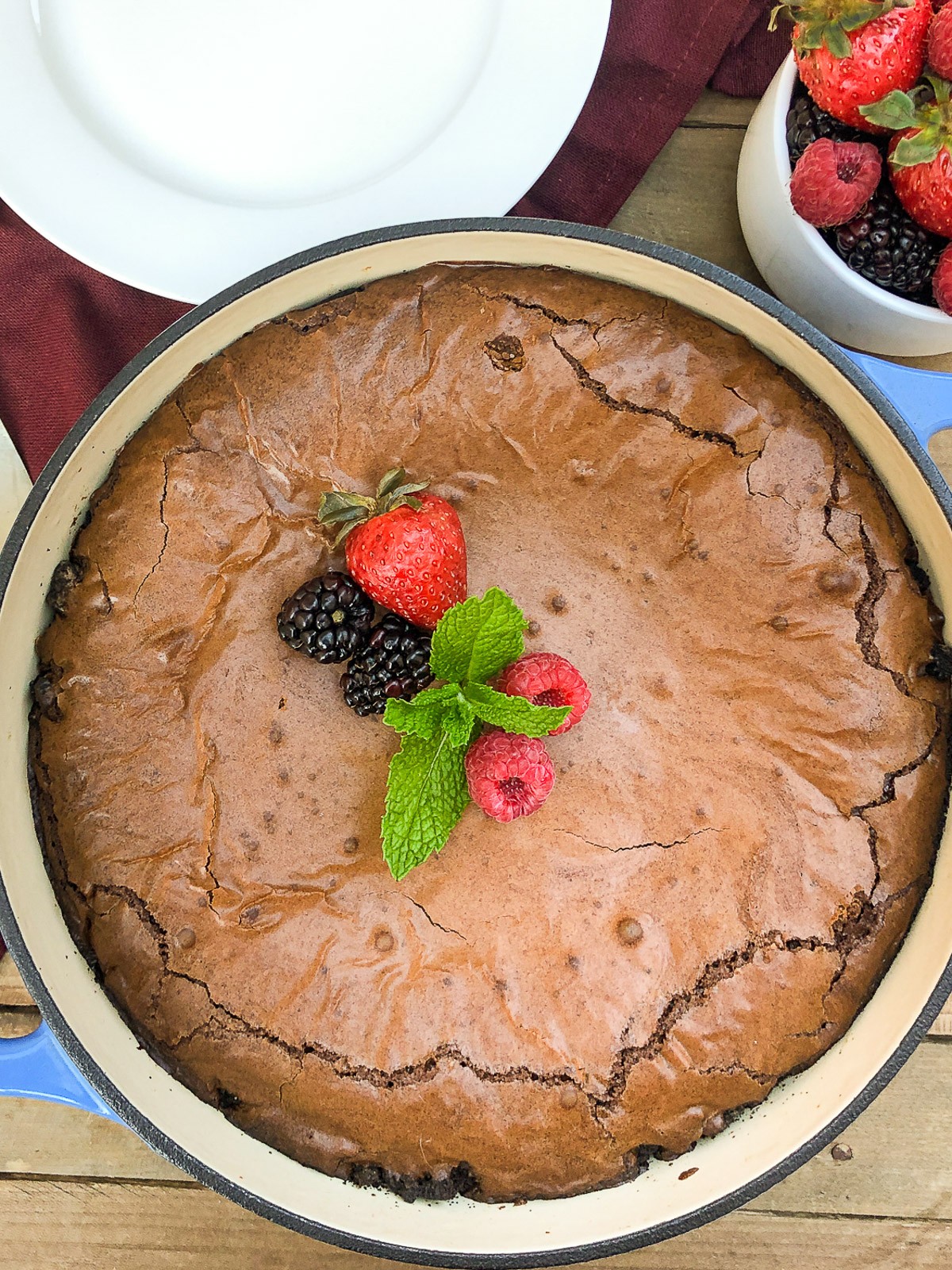 Ready to serve Brookie in an enameled cast iron skillet.