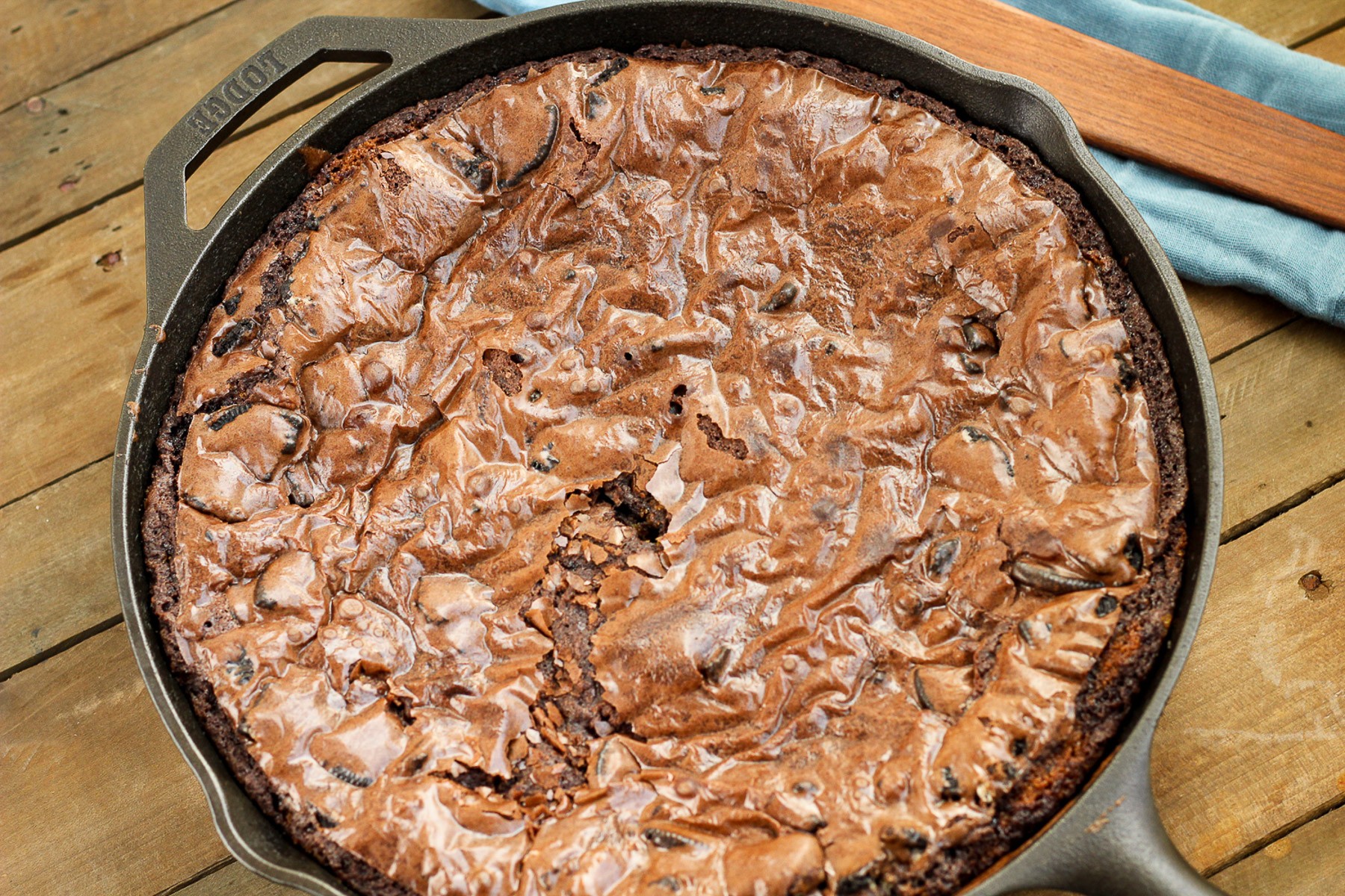 Crushed Oreos in the enameled skillet.