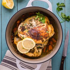 Dutch Oven Chicken Recipe in a enameled dutch oven.