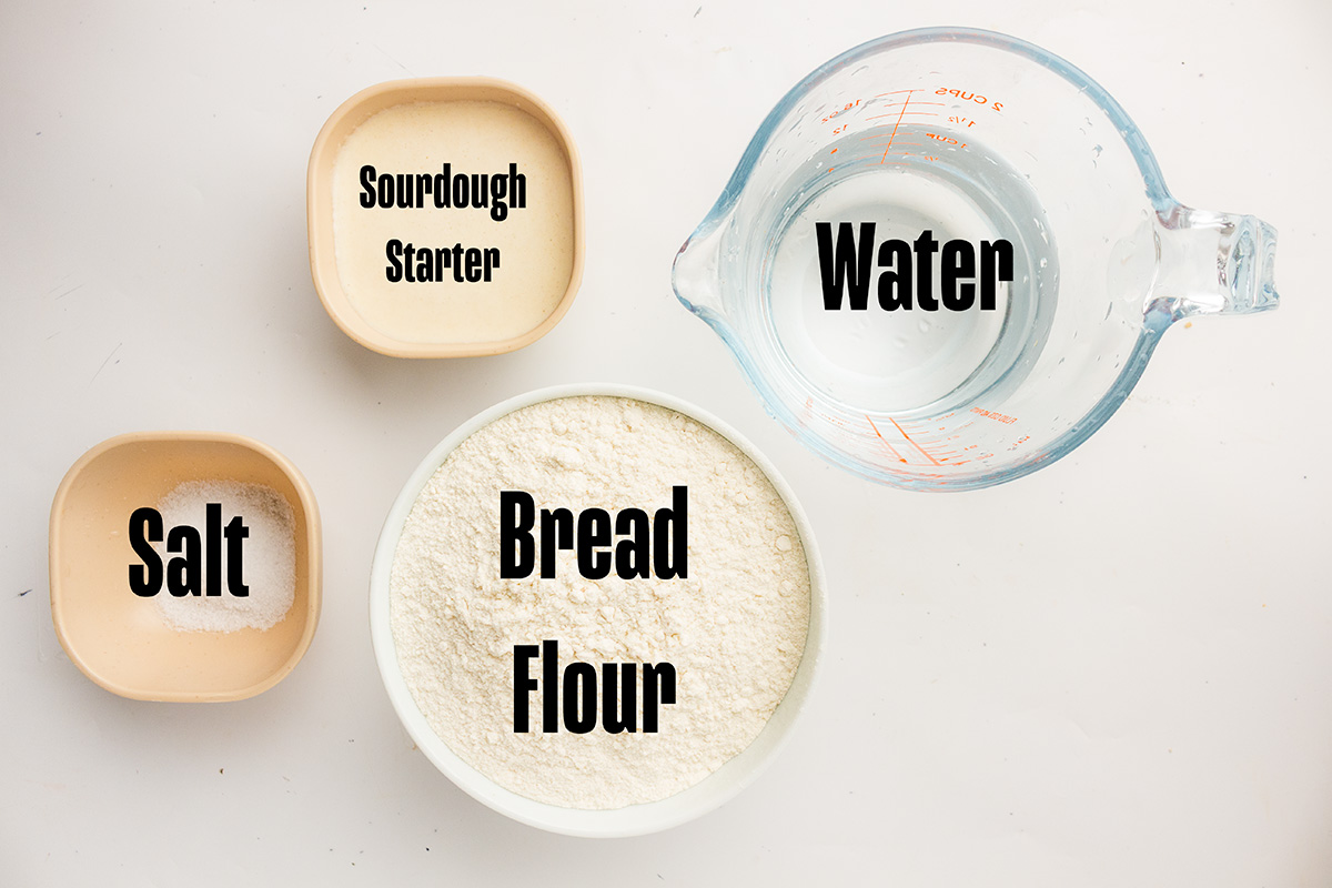 All of the ingredients you will need for Dutch Oven Sourdough Bread.
