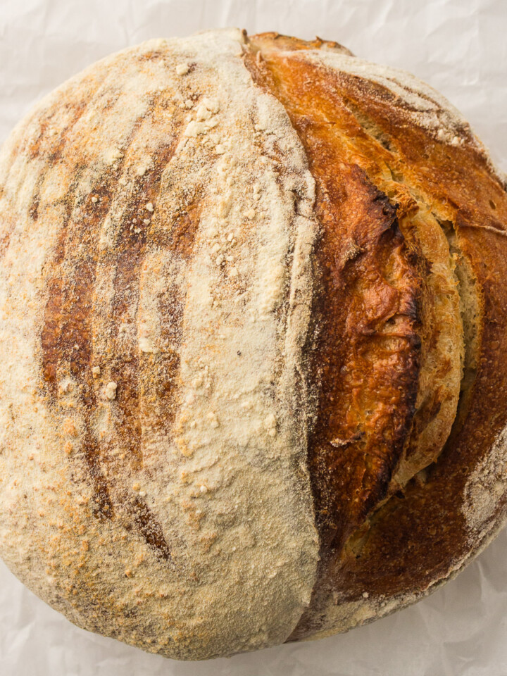 Dutch Oven Sourdough loaf ready to be sliced.