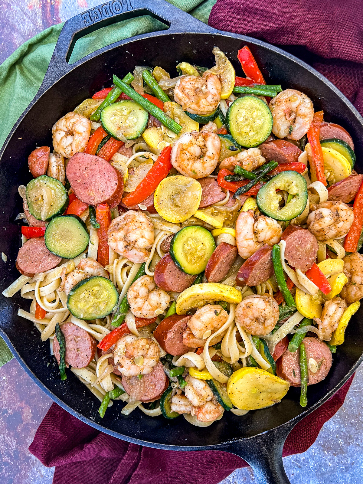 Cajun Shrimp and Sausage in a 12" Lodge cast iron skillet. 