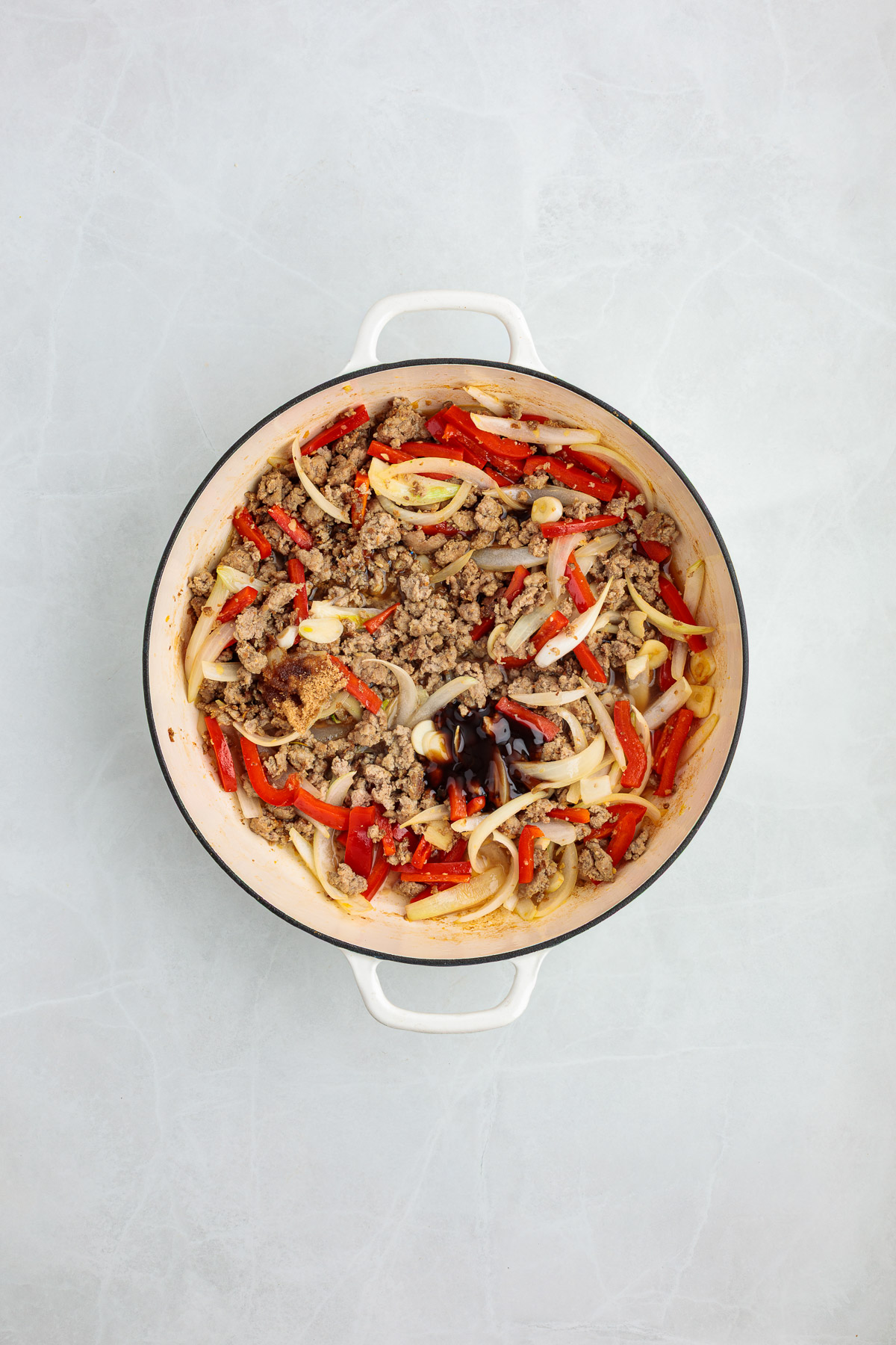 Turkey and other ingredients added to the pot.