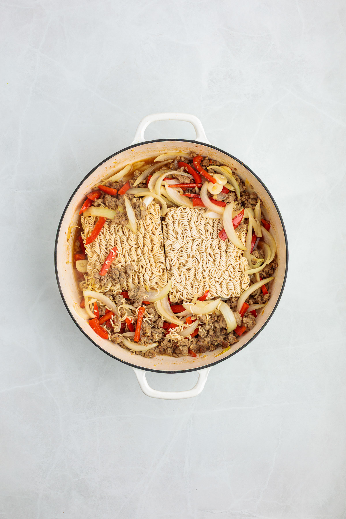 Noodles added to the pot.