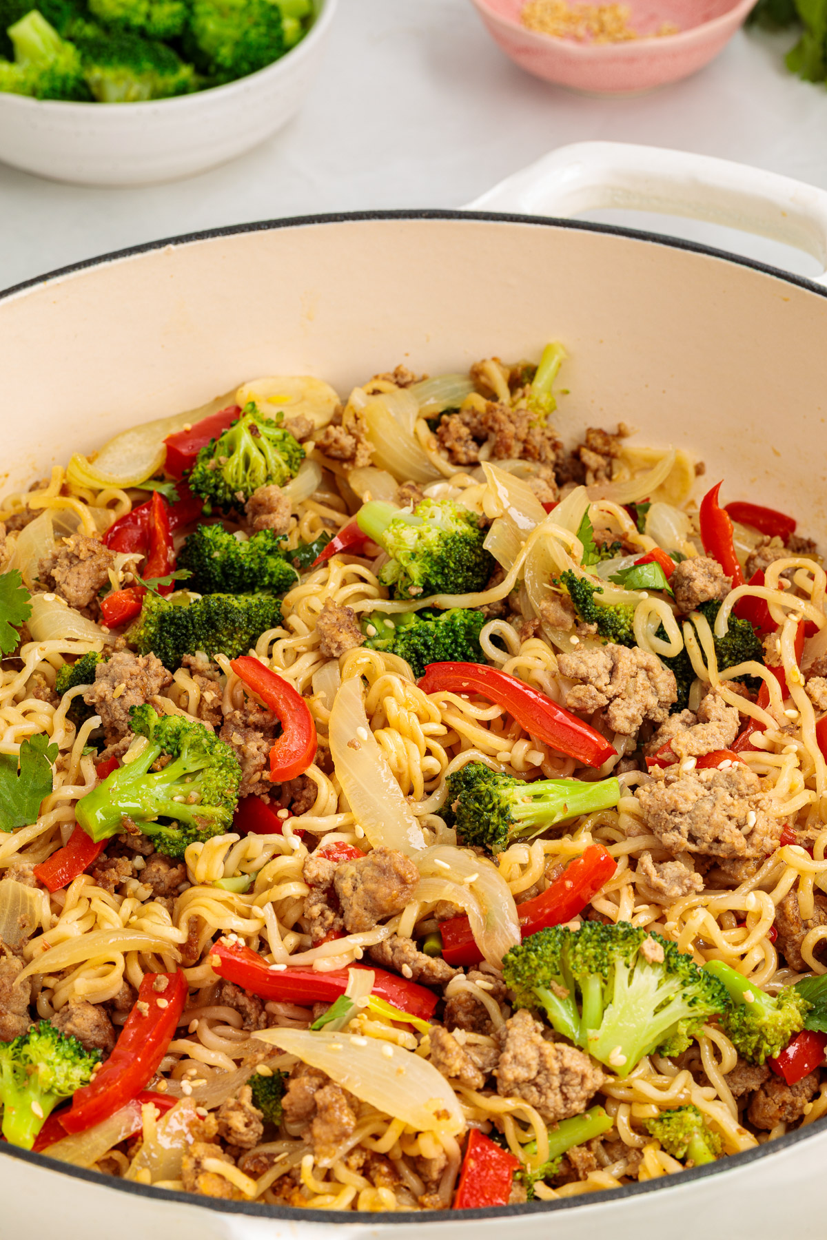 A large pot of ground turkey stir fry.