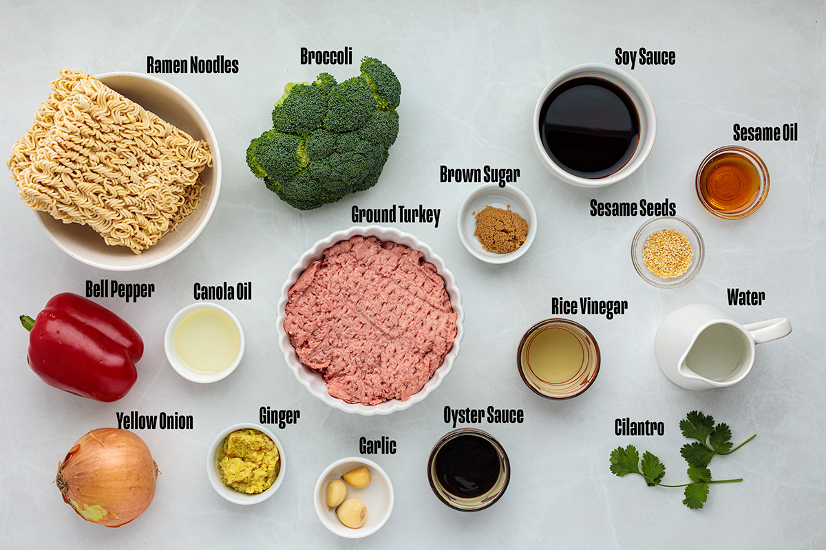Ingredients to make a ground turkey and ramen stir fry on a table.