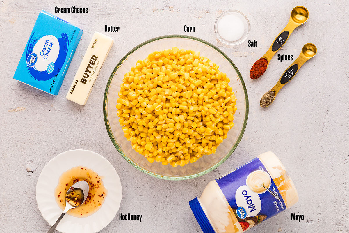 Ingredients for hot honey butter skillet corn including frozen corn butter cream cheese and hot honey