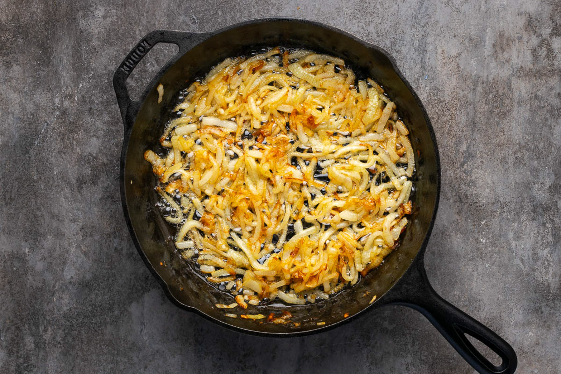Caramelized onions in a cast iron skillet