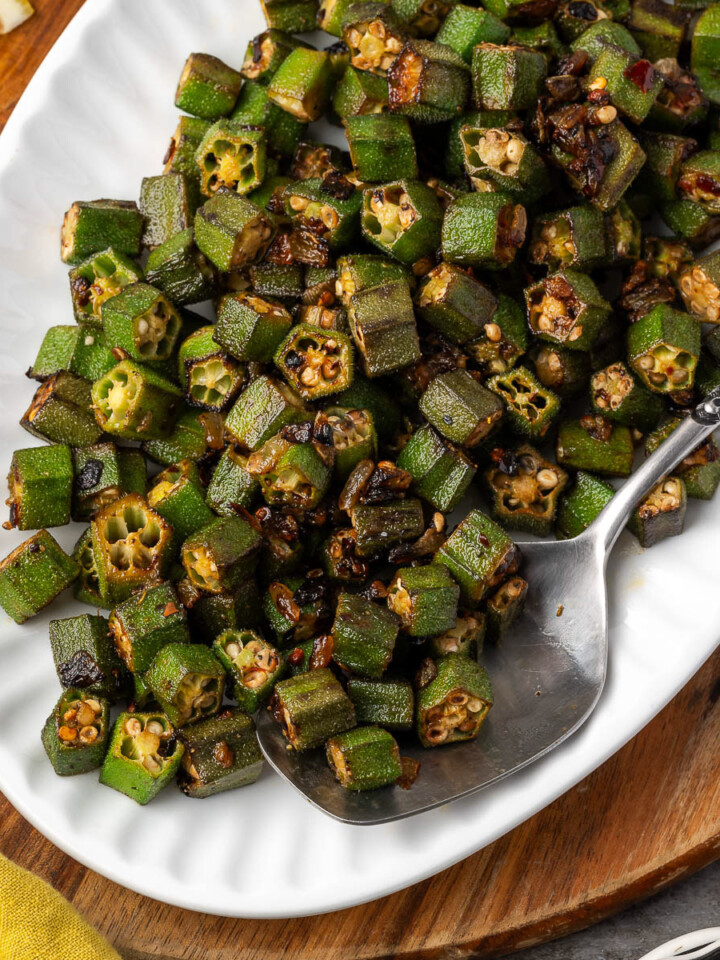 Pan-Fried Okra on a white plate.