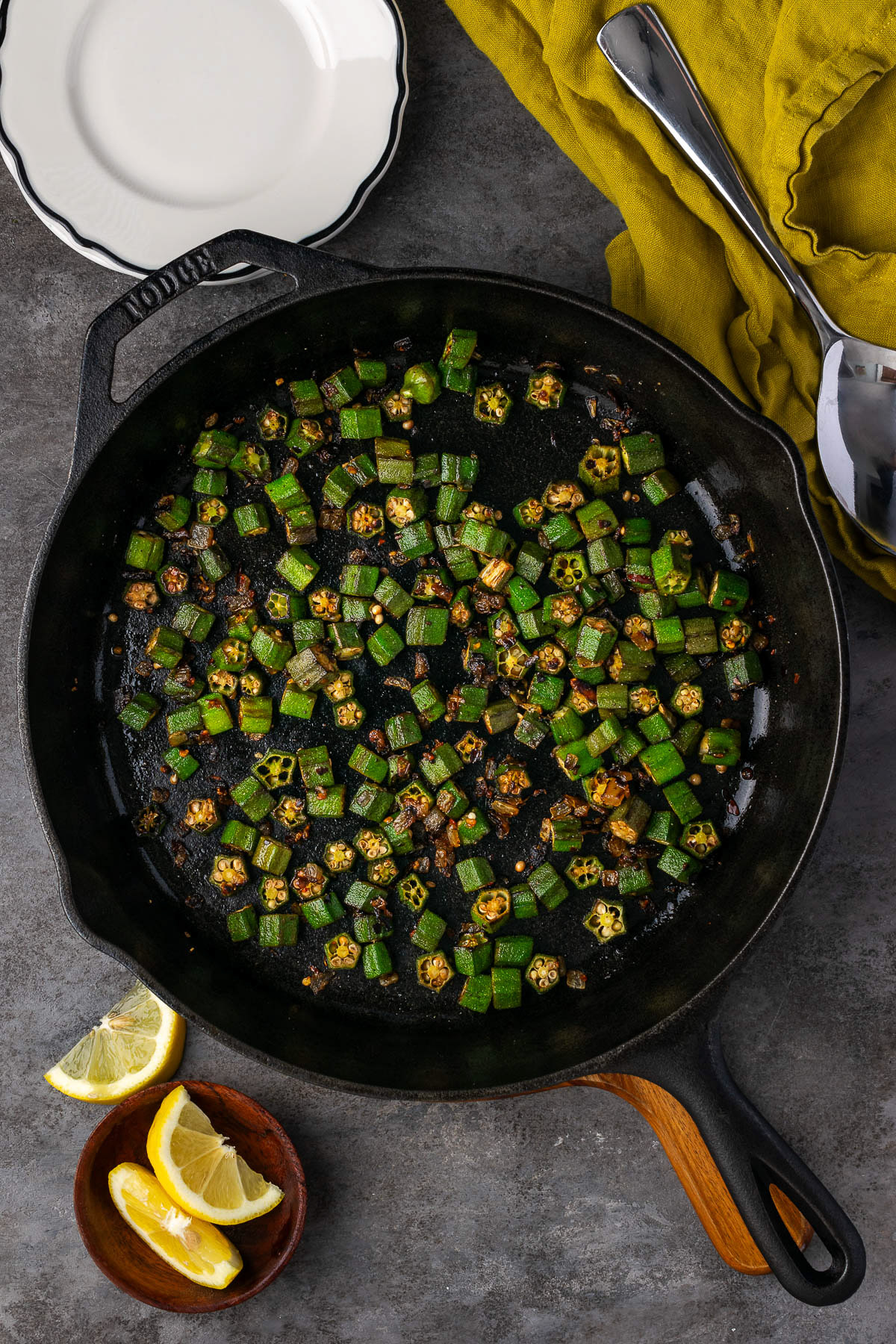 Pan-Fried Okra in a cast iron skillet.