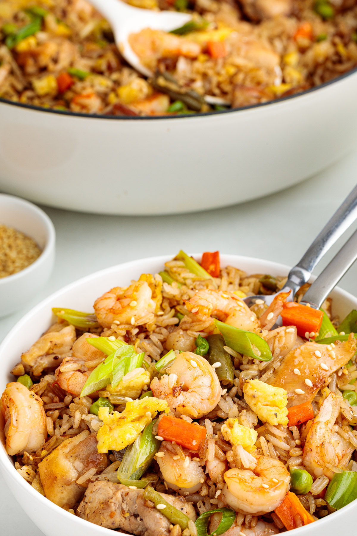 Fried rice with chicken and shrimp in a bowl.