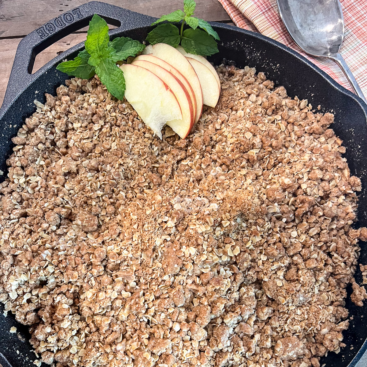 Cast iron skillet apple crisp with a golden crumble topping