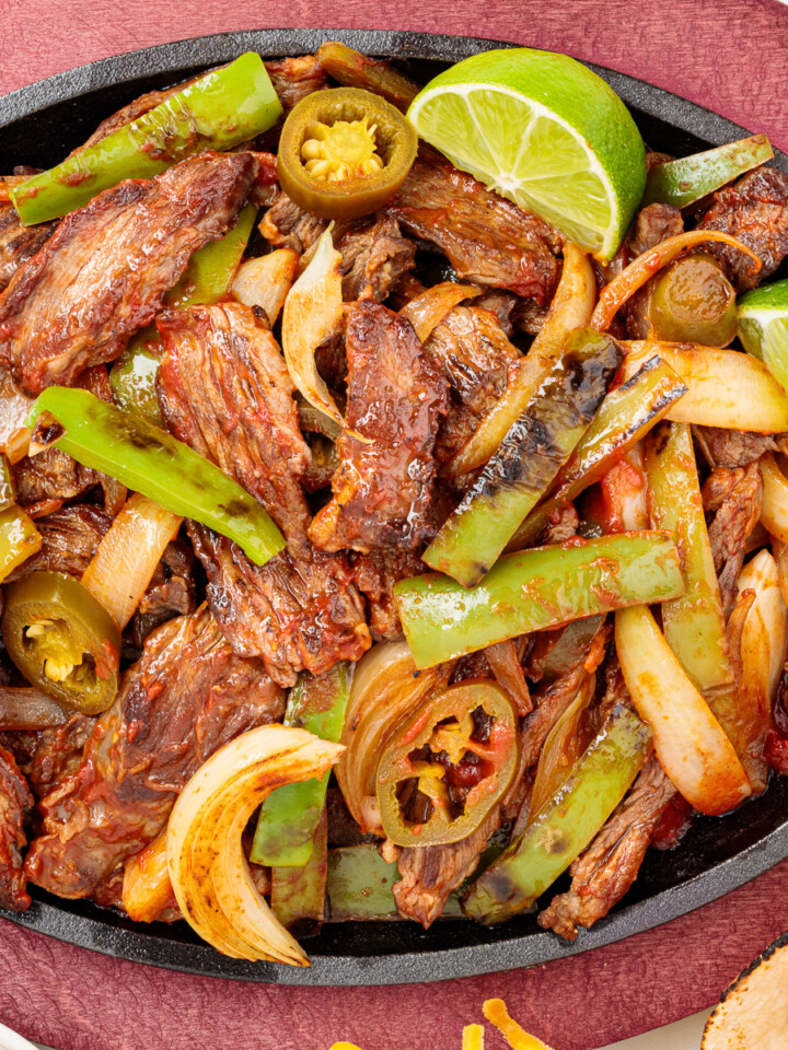 Skillet Fajitas in a cast iron skillet.