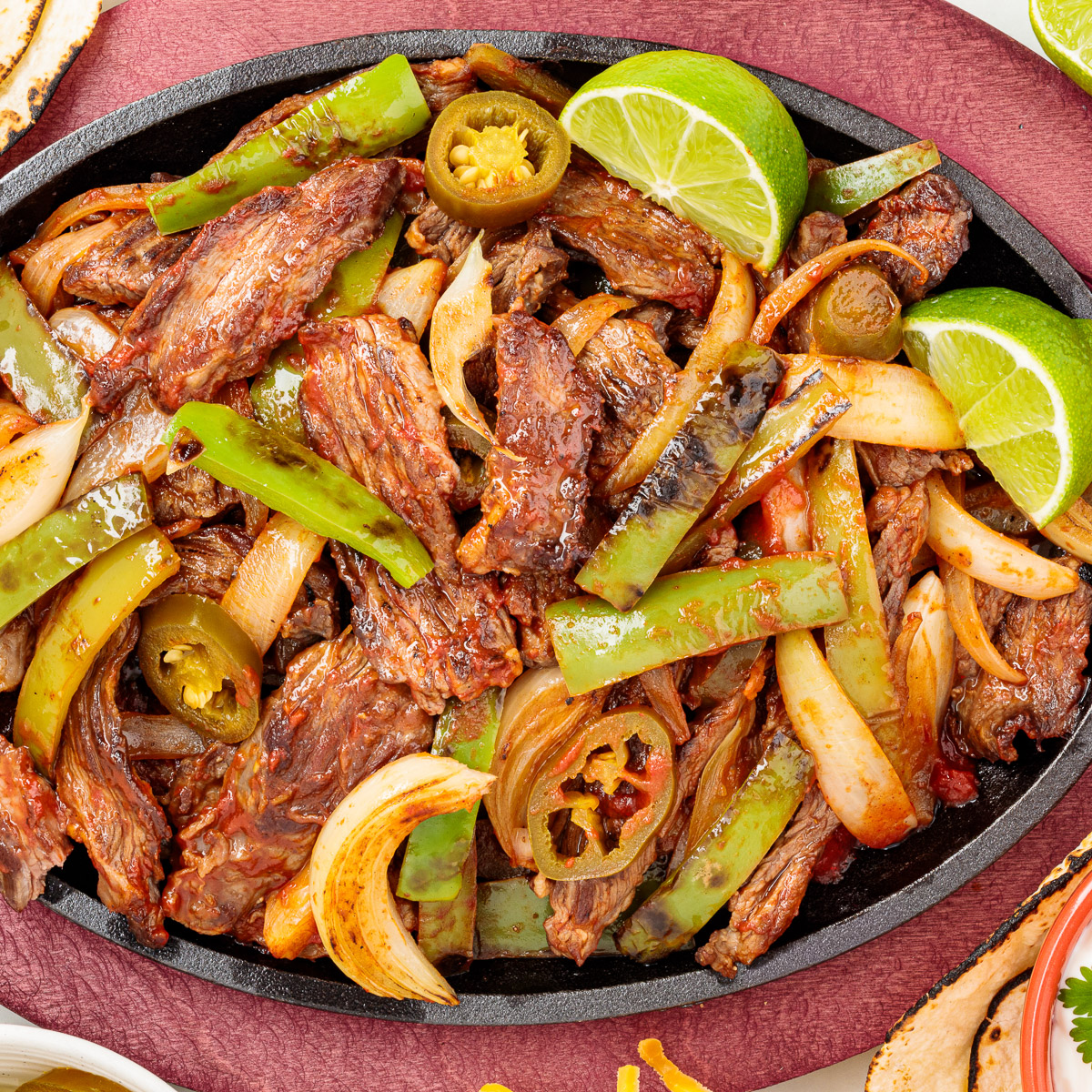 Skillet Fajitas in a cast iron skillet.
