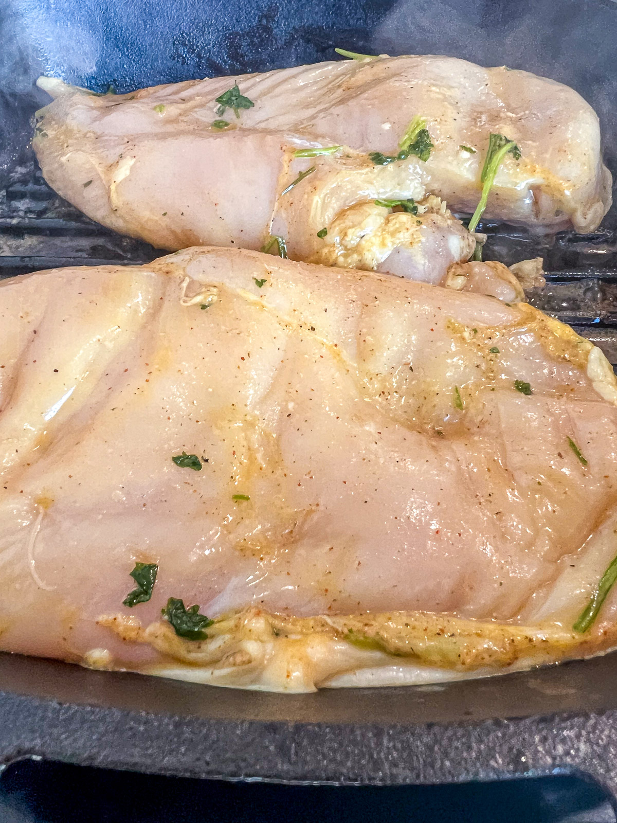 Chicken breasts searing on a cast iron grill pan with visible marinade and herbs