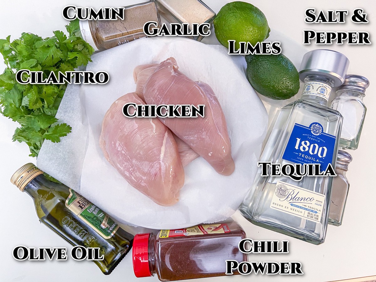Tequila lime chicken ingredients labeled: cilantro, cumin, garlic, limes, chicken, tequila, chili powder, olive oil, salt and pepper