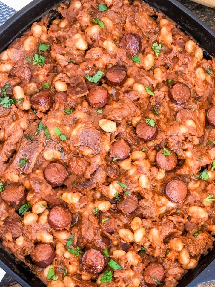 Easy Skillet Beanie Weenies in a cast iron skillet.