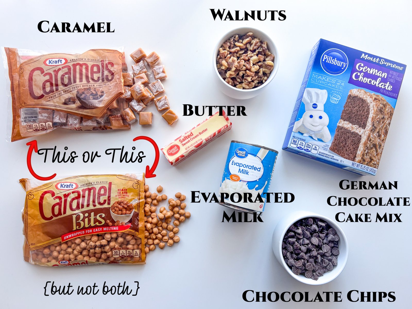 Ingredients for caramel brownies: caramel candies, evaporated milk, chocolate chips, German chocolate cake mix, butter, and walnuts.