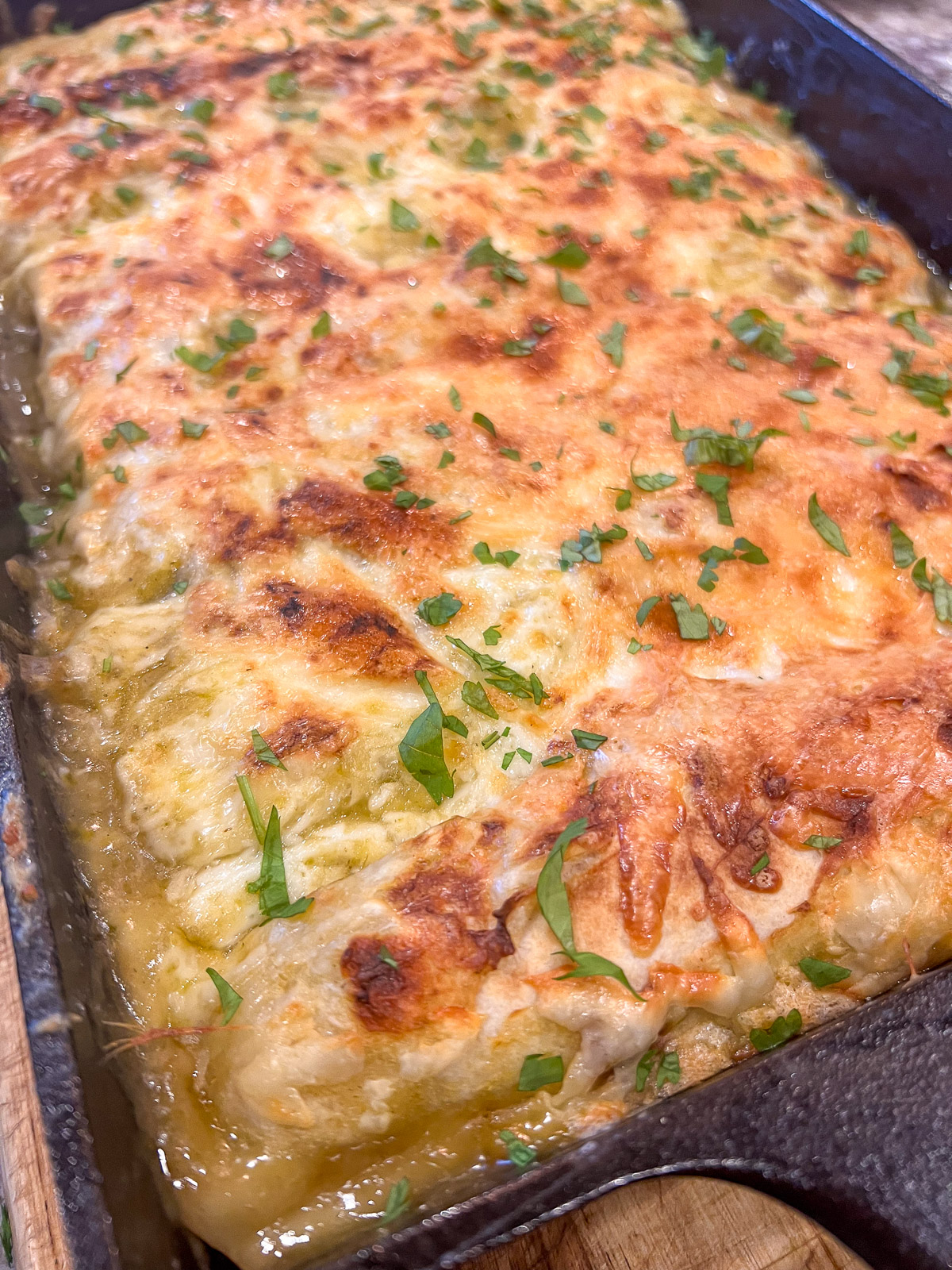 Pan of creamy green chile chicken enchiladas fresh from the oven, garnished with fresh cilantro.