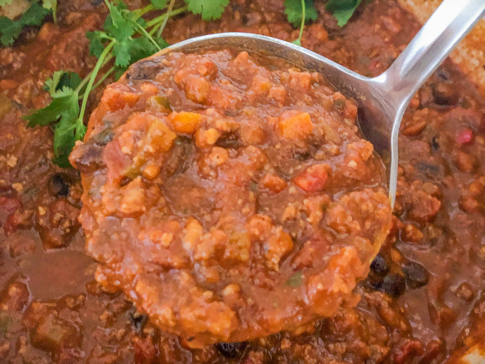 A ladle lifting a serving of thick pumpkin chili from the Dutch oven.