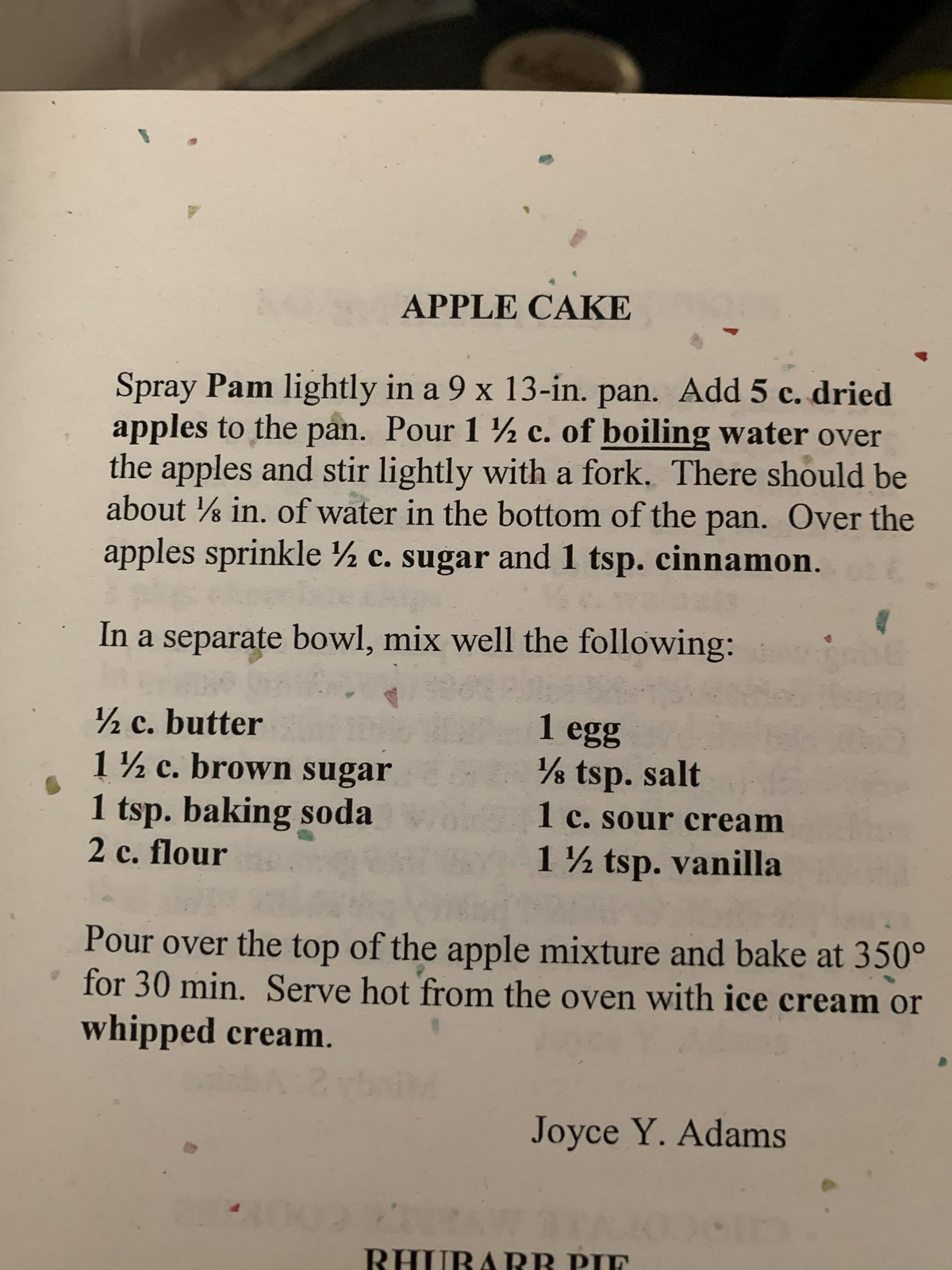 Original handwritten apple cake recipe from Joyce Y. Adams, the family recipe this Dutch oven apple cake is adapted from