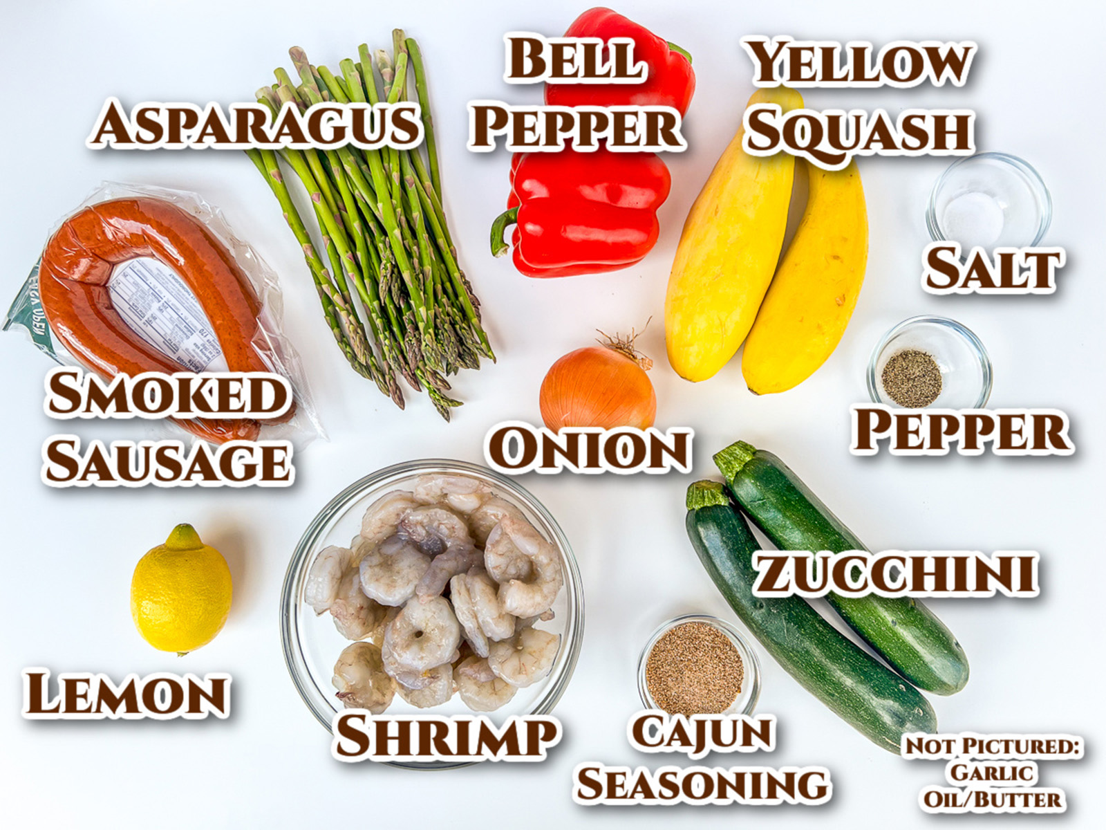 Ingredients to make Cajun shrimp and sausage with text labels next to each one.