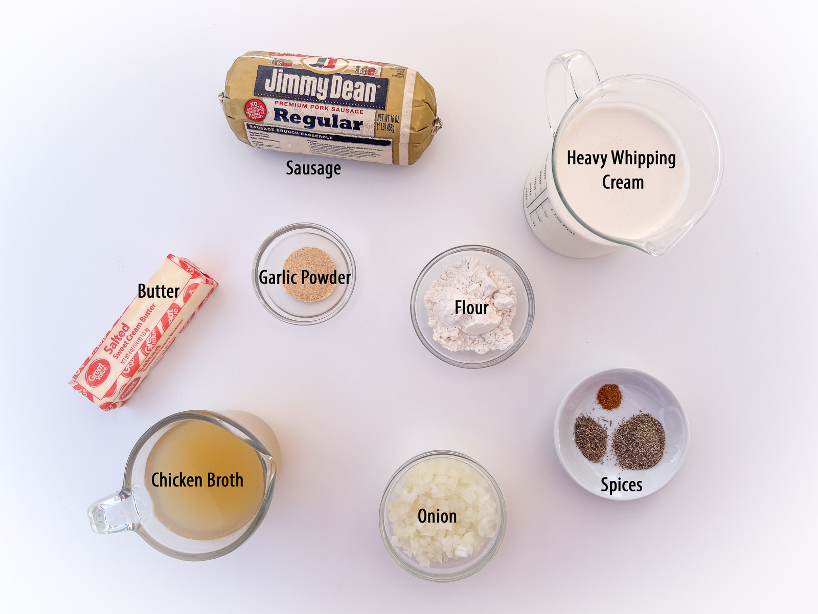 Ingredients needed to make old fashioned sausage gravy on the table.