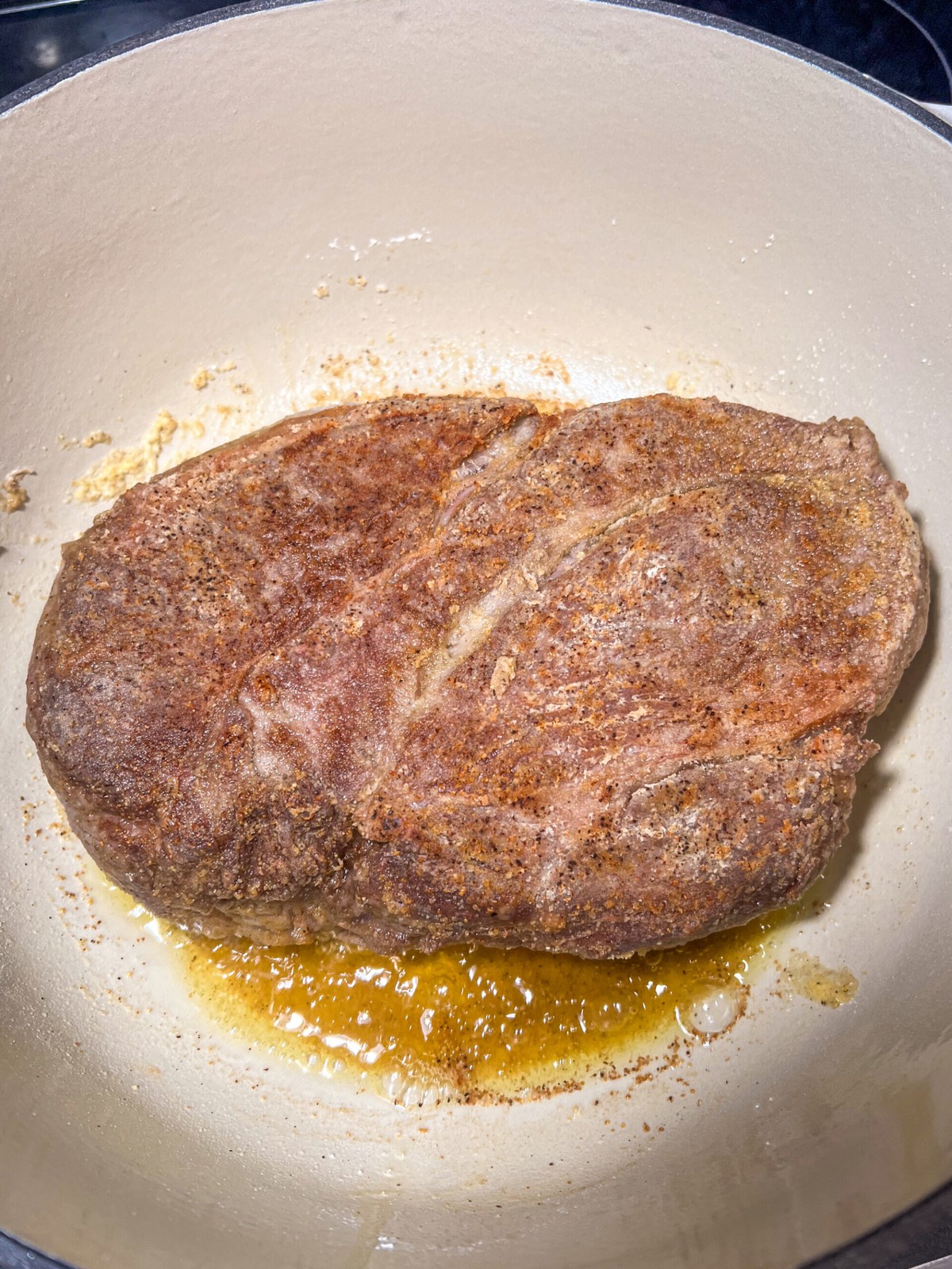 Roast in Dutch oven searing with olive oil.