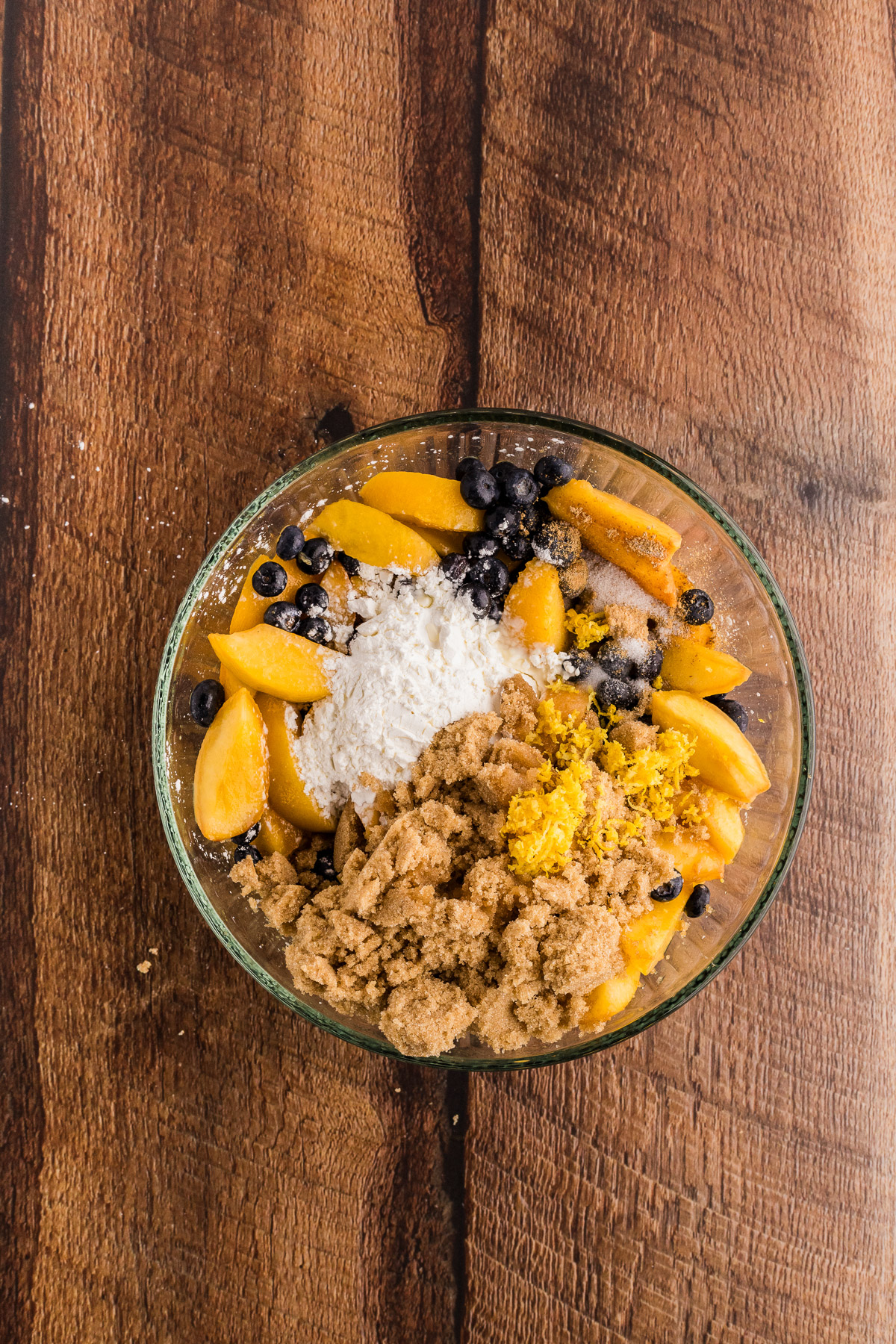 Peach and blueberry filling mixed with brown sugar and cornstarch