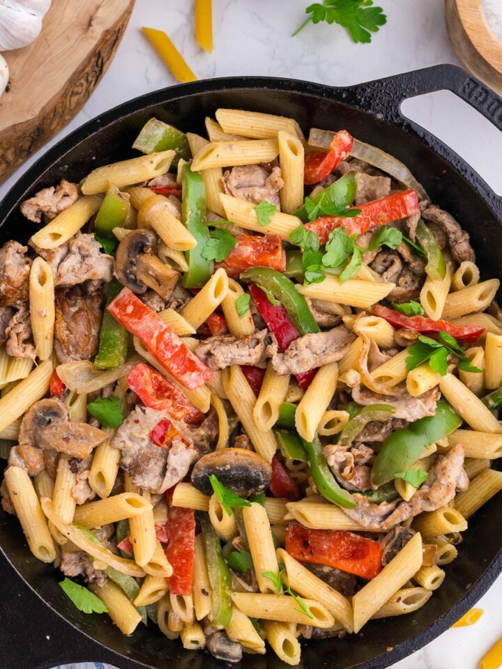 Cast iron philly cheesesteak pasta