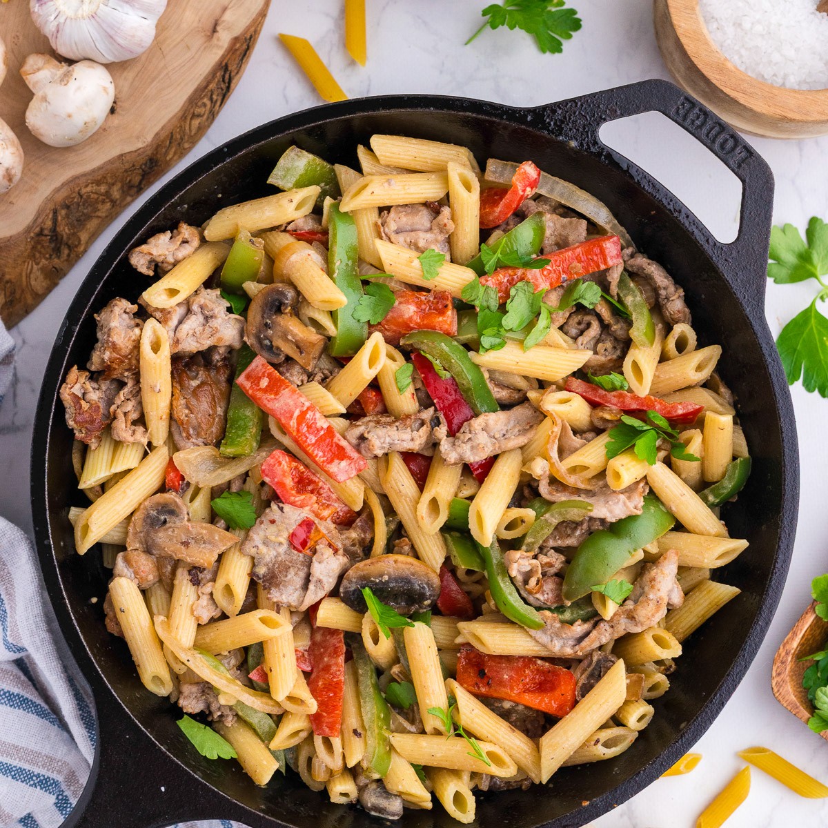 Cast iron philly cheesesteak pasta
