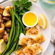 Poor man's lobster plated with roasted potatoes and green beans