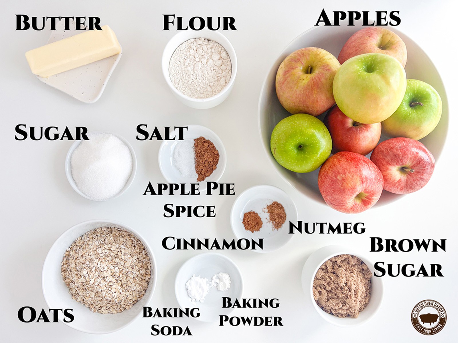 Ingredients for skillet apple crisp including granny smith apples honeycrisp apples oats brown sugar and butter